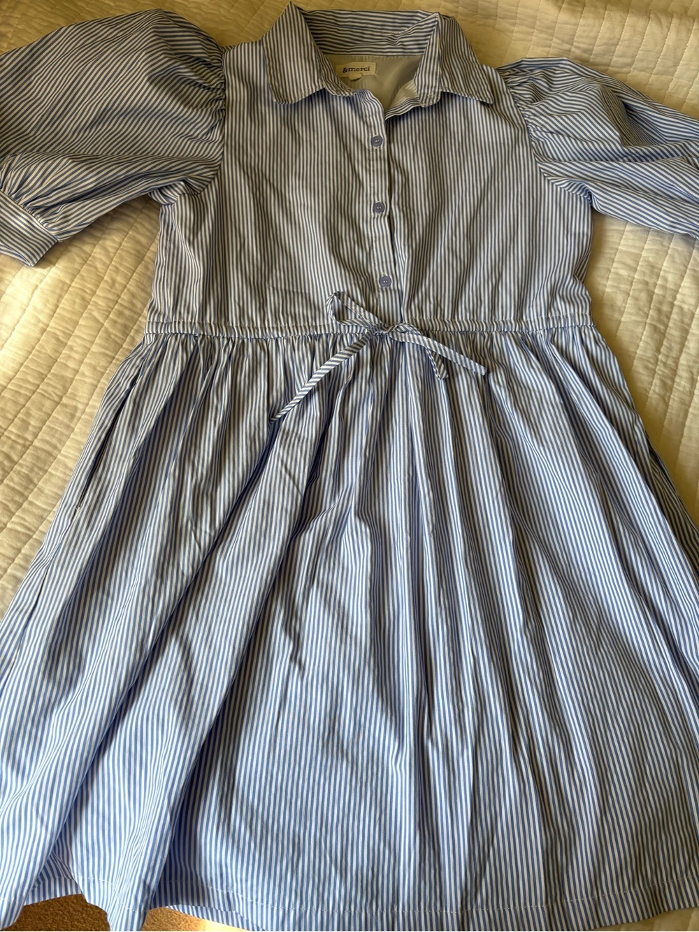 Striped Blue Button-Front Shirt Dress with Tie Waist